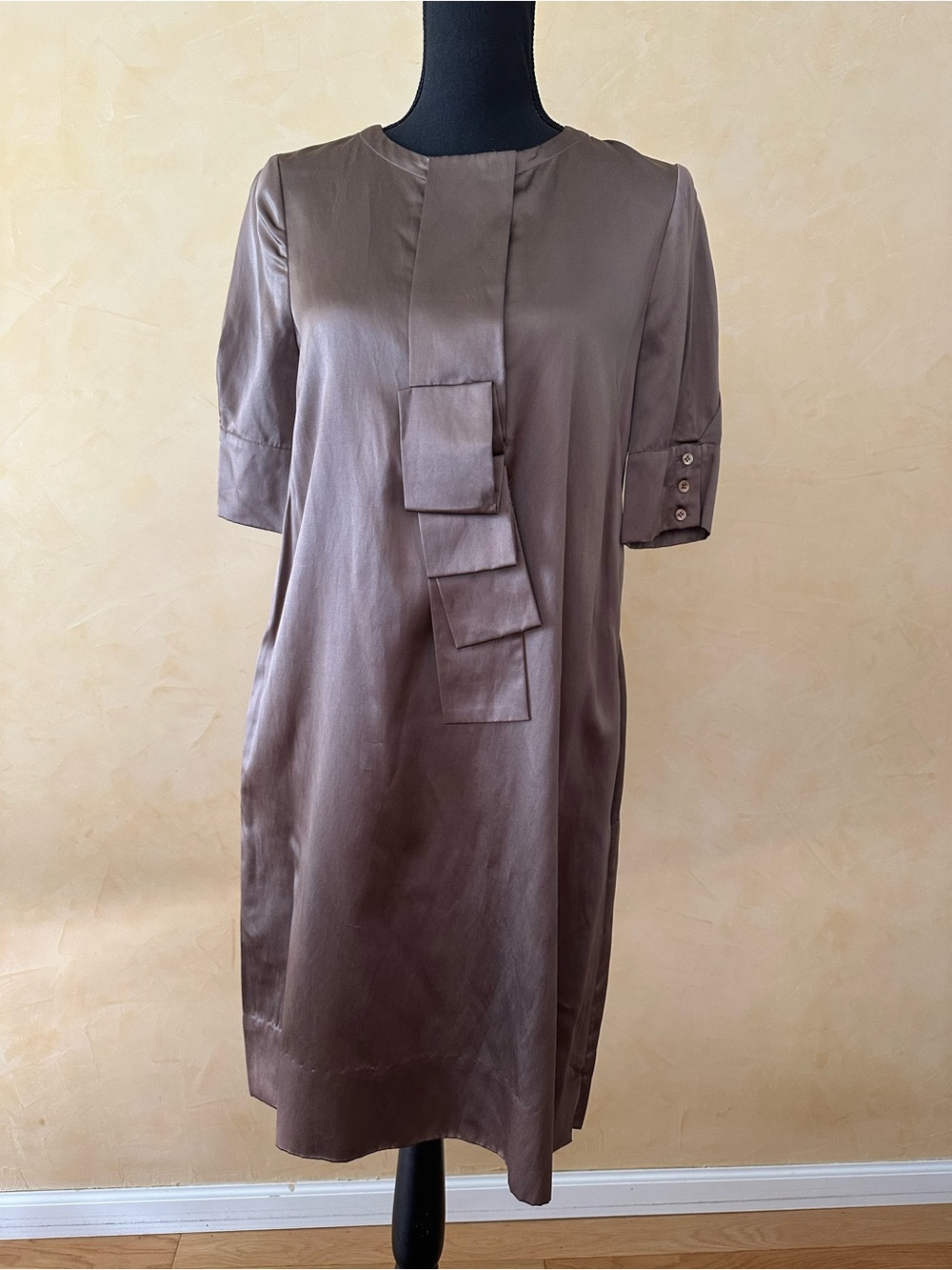 BCBGMaxAzria Satin Taupe Midi Dress with Cascade Placket